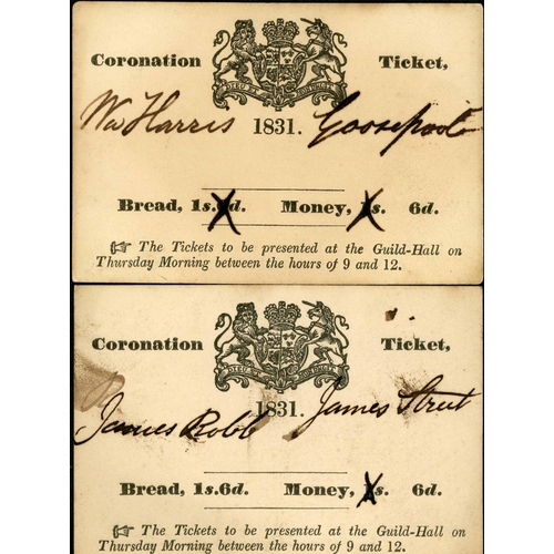 890 - DOBBS EMBOSSED TICKET TO GUILDHALL VISIT OF WILLIAM IV + CORONATION BREAD TICKETS; Spectacular 9 Nov... 