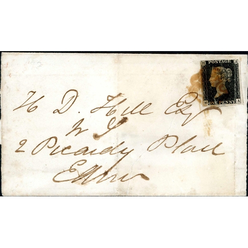 949 - PLATES 1b & 7 - ON SCOTS COVERS - Aug. 1840 E to Edinburgh with 1d black MA plate 1b (both cover and... 