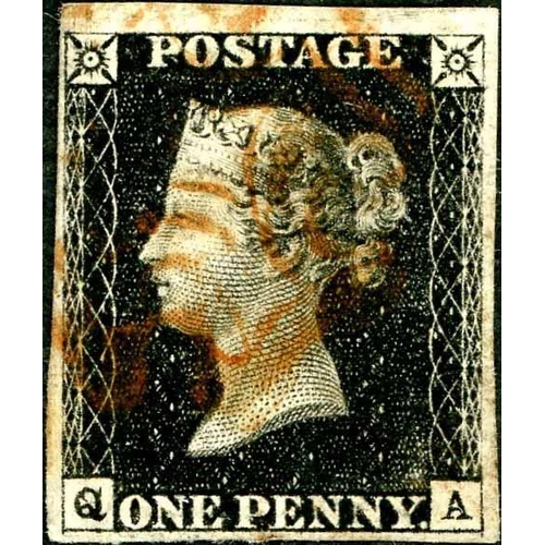 996 - PLATE 4 - QA - four margins and lightly cancelled with red MX, showing the strong double letter Q.