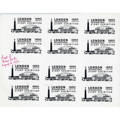 118 - 1960 UK LONDON INTERNATIONAL STAMP EXHIBITION - PROOFS inc pieces of paper (8), each with four proof... 