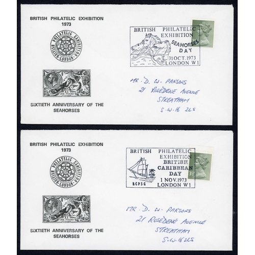 119 - 1973 UK - BRITISH PHILATELIC EXHIBITION  ITEMS  with a seahorse uncut mini sheet block of four, mini... 