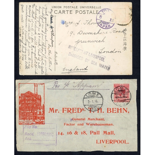 146 - WWI WRECK MAIL -  TO GB: A trio of covers inc. 1915 PPC ex Japan with a fine 