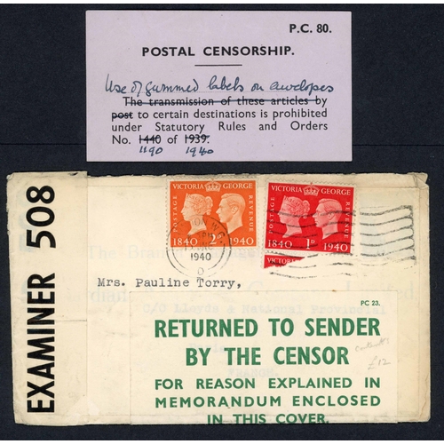 276 - ** PRINTED MATTER CONTENT REFUSED; Group with Oct. 1939, June/Aug.1940 and c1941 censored envs. or r... 