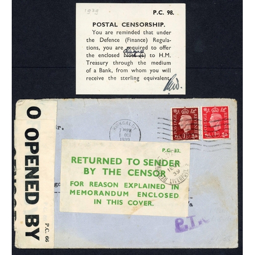 281 - ** PROHIBITED MONEY ENCLOSURE; 1 Oct. 1939 & 19 Oct. 1943 censored envs. to Zagreb or Canary Is. fra... 