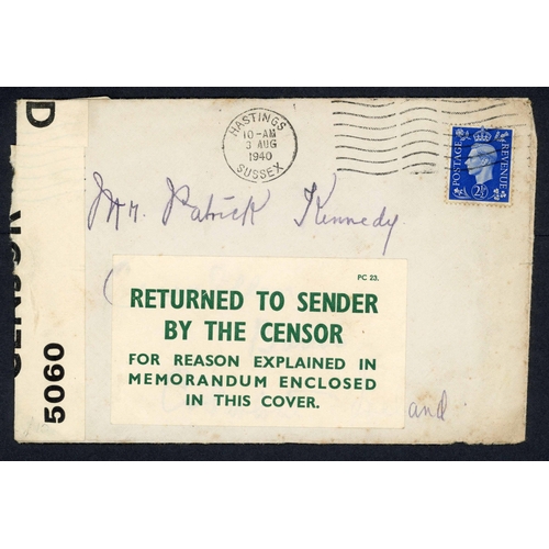 286 - ** CONTAINS SENSITIVE INFORMATION; 3 Aug. 1940 censored env. to Ireland franked KGVI 2½d tied by Has... 