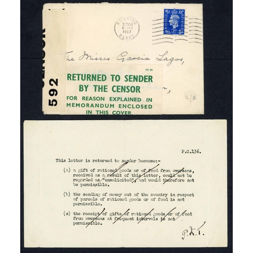 288 - ** RETURNED ON ACCOUNT OF GIFTS; Pair with 1940/41 censored envs. to Spain or Washington franked KGV... 