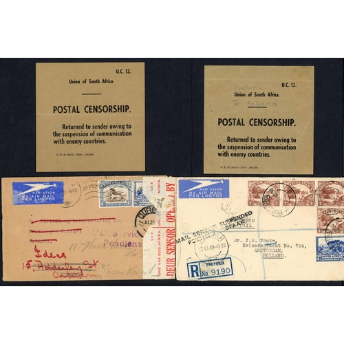 418 - ** S.AFRICA MAIL TO EUROPE; Pair with censored Sep. 1939 env. to Germany ex Cape town franked 1/- + ... 