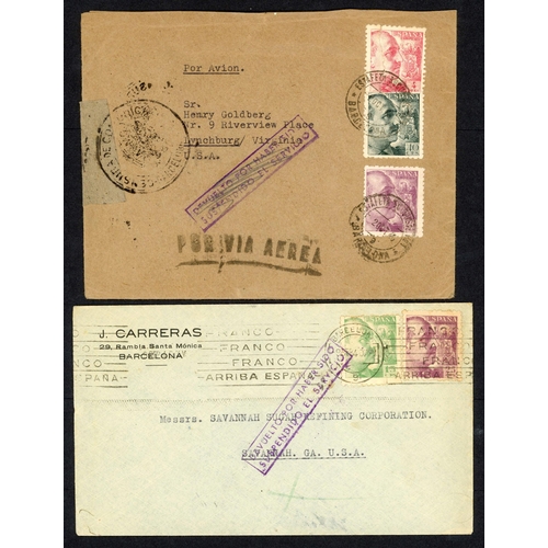 419 - ** SPANISH FOREIGN MAIL; Trio with 1940 envs. to USA ex Barcelona franked 25c + 15c or 4p, 40c & 25c... 