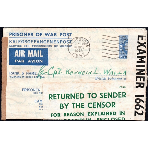 449 - ** GB POW MAIL WITH CENSOR SLIPS; Trio with 1943 censored KGVI 2½d POW lettersheets to a German POW ... 