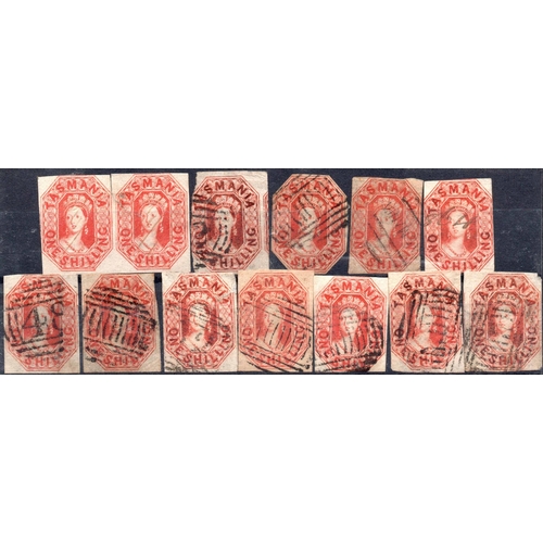 552 - 1858 1/- CHALON; 1/- vermilion imperf group with used (18 - one cut-to-shape and mostly Hobart dumb ... 