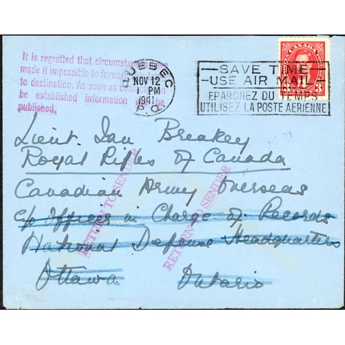 430 - ** CANADIAN MAIL TO SOLDIERS DEPLOYED OVERSEAS; Range with 12 Nov. 1941 env. to the Royal Rifles Ove... 