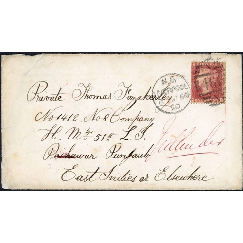 723 - RARE 1d CONCESSION RATE COVER: 1866 env. (faults) ex GB to a Private serving in Peshawar, redirected... 