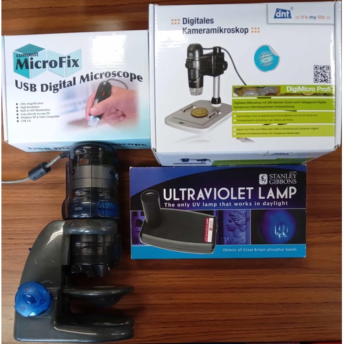 147 - DIGITAL MICROSCOPES, UV LAMP, EMPTY ALBUMS & STOCKBOOKS: Three boxes containing a DNT Digimicro Prof... 