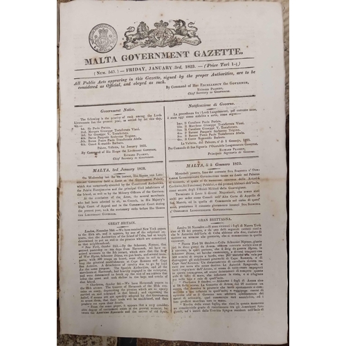 776 - MALTA GOVERNMENT GAZETTE bound in years for 1823, 1824, 1826, 1833-5 & 1839. Some woodworm damage to... 