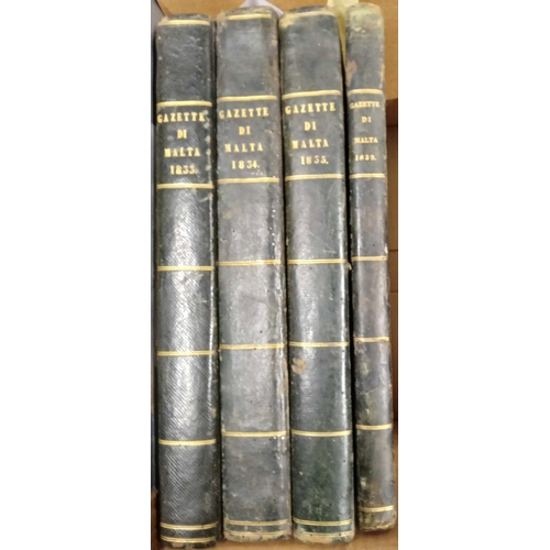 776 - MALTA GOVERNMENT GAZETTE bound in years for 1823, 1824, 1826, 1833-5 & 1839. Some woodworm damage to... 