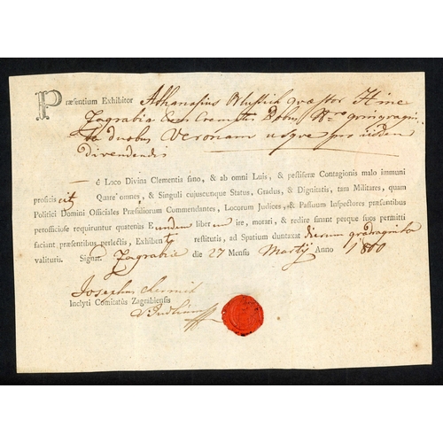 95 - VARASDIN/ZAGREB (CROATIA) DISINFECTION; Pair with Mar. 1800 part-printed Health Passport (in Latin) ... 