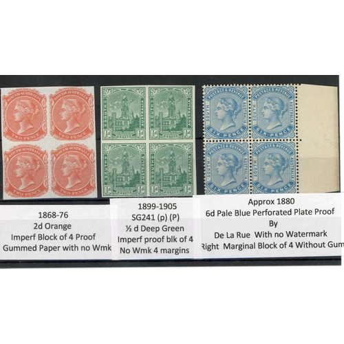 369 - PROOF & COLOUR TRIALS; Trio with 1868/76 2d orange imperf block of four on gummed paper, 1887 6d DLR... 