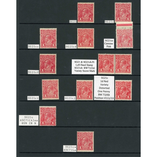 427 - 1914/20 KGV 1d; Mint unmounted range with Die I Perf 14¼ carmine-red (5 inc. an interpanneau block o... 