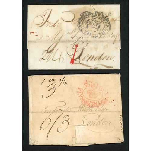 120 - PLYMOUTH/PLYMOUTH DOCK SHIP LETTERS; Pair with Mar. 1812 and Apr. 1814 EL's to London ex Spain (rate... 