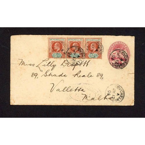 122 - SEYCHELLES - VERY RARE HS USAGE: 1904 env. to Malta via Zanzibar & Suez with mainly fine double oval... 