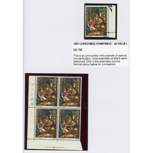 1446 - 1967 (NOV) CHRISTMAS ISSUE 3d MISPERF. GROUP: Includes 3 x unmounted mint marginal blocks of four pl... 