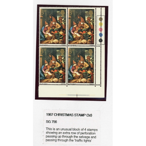 1446 - 1967 (NOV) CHRISTMAS ISSUE 3d MISPERF. GROUP: Includes 3 x unmounted mint marginal blocks of four pl... 