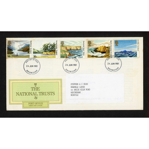 1481 - 1973 CHRISTMAS & 1981 NATIONAL TRUST FDC ERRORS: 1973 Xmas set of 6 stamps (SG 943/948) on plain FDC... 