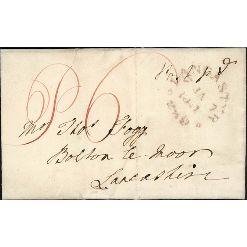 1849 - LANCASTER RED MILEAGE MARK; 7 Jan. 1811 EL (light file fold) to Bolton-le-Moor endorsed 'P6' on fron... 