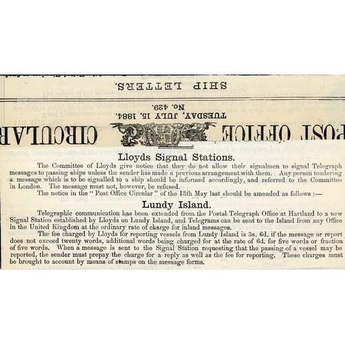 1860 - THE OFFICIAL P.O. NOTIFICATION OF THE START OF LUNDY ISLAND'S TELEGRAPH SERVICE; 15 July 1884 page o... 