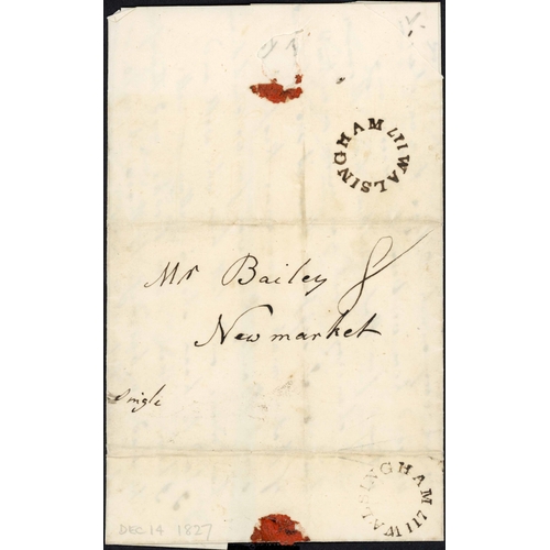 1865 - BURNHAM, HUNSTANTON & WALSINGHAM; Range on annotated leaves inc. 1827 EL to Newmarket with two strik... 