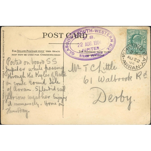 2068 - JUPITER STEAM PACKET CACHET; 22 Aug. 1904 PPC to Derby franked KEVII ½d tied by Whiting Bay/Arran cd... 