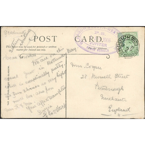 2069 - JUPITER STEAM PACKET CACHET; 1 Aug. 1905 PPC to Peterborough franked KEVII ½d tied by Brodick cds wi... 