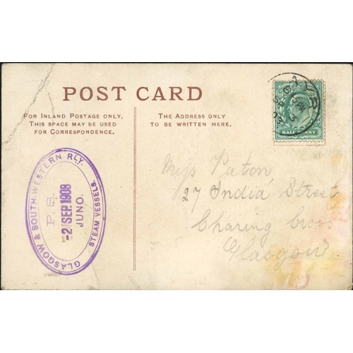 2070 - JUNO STEAM PACKET CACHET; Pair with 1903/04 PPC's to Hartlepool or Glasgow franked KEVII ½d tied by ... 