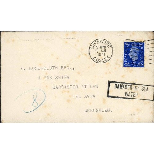 212 - WWII PERIOD WRECK MAIL; Quartet with Jan. 1941 envs. to Tel Aviv franked KGVI 2½d or meter-franked 2... 