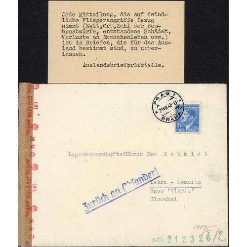 223 - ** BOHEMIA & MORAVIA INSTRUCTIONAL RETURN SLIPS; Pair with 1941 PPC to Latvia franked 60h pair + 30h... 