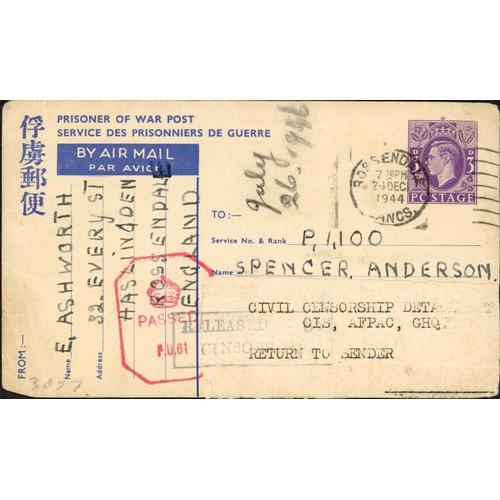 233 - ** CHINA INWARDS MAIL TO A POW; 1944 censored GB KGVI 3d POW PC to Shanghai, with Civil Censorship R... 