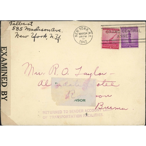 258 - USA WWII RETURNED/SUSPENDED MAIL; Small group with 1942 censored env. to Rangoon ex NY franked 2c + ... 