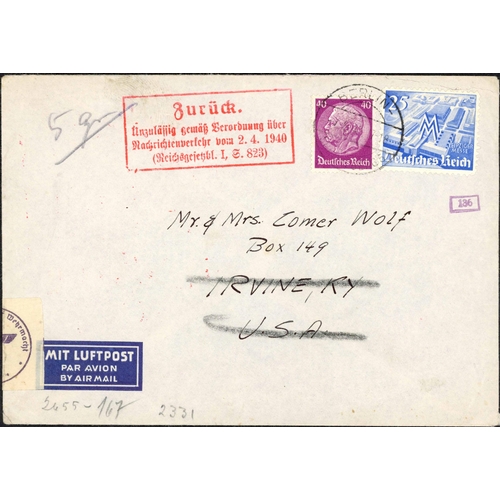 276 - ** GERMANY MIXED VIOLATIONS GROUP; Range with 1940 censored airmail env. to USA franked 40pf + 25pf ... 