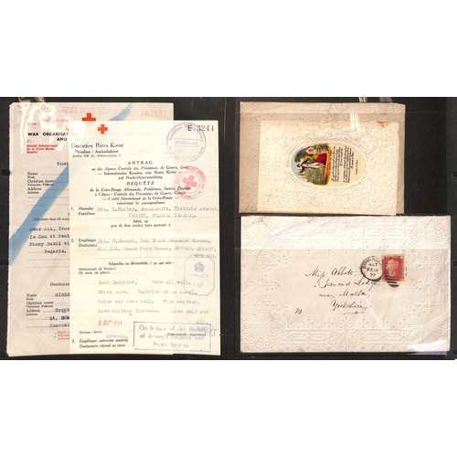 28 - EARLY VALENTINES & WWII RED CROSS LETTERSHEETS: 1877 fancy embossed envs. from Birmingham to Malton ... 