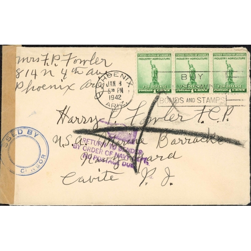 307 - ** PHILIPPINES/MARIANAS INWARDS MAIL; Pair with Jan. 1942 censored env. to Cavite franked USA 1c str... 