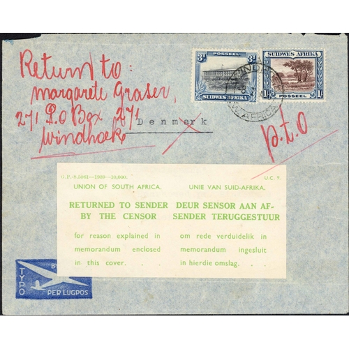 320 - ** SOUTH AFRICA/SW AFRICA CENSOR LABELS; Quartet on annotated leaves inc. 1939? airmail env. to Denm... 