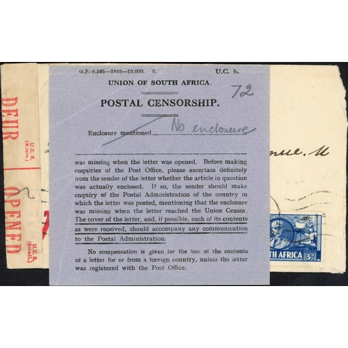 323 - ** SOUTH AFRICA MISSING ENCLOSURE SLIPS; Pair with 1942/43 censored env.s to NY franked 3d or ½d (3)... 