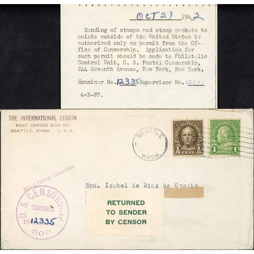 330 - ** USA IMPORT/EXPORT OF POSTAGE STAMPS BY MAIL; Pair with 1942 censored unsealed env. to Mexico ex S... 