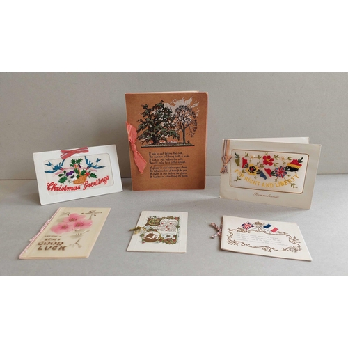 370 - WWI EMBROIDERED SILK POSTCARDS ETC.: A variety of designs inc. folded greetings cards (2); silk pock... 