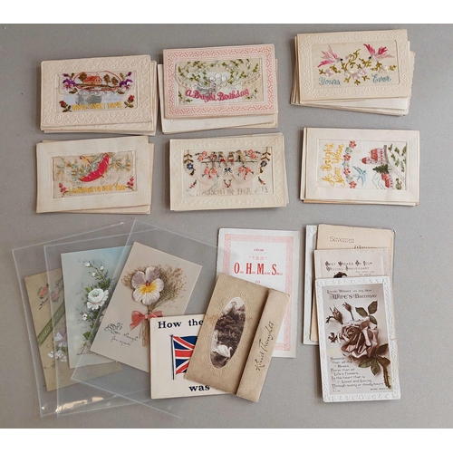 370 - WWI EMBROIDERED SILK POSTCARDS ETC.: A variety of designs inc. folded greetings cards (2); silk pock... 