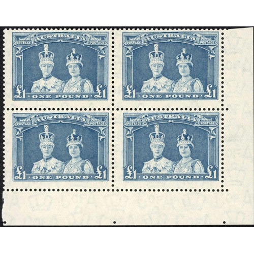 443 - 1949 THIN PAPER ROBES; £1 perf. pip unmounted mint black of four, centred upper right otherwise v.fi... 