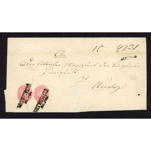 454 - SREM REGION REGISTERED MAIL; Trio with 20 Apr. 1853 partly cash-paid E to Graz with two-line 