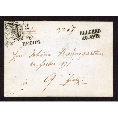 454 - SREM REGION REGISTERED MAIL; Trio with 20 Apr. 1853 partly cash-paid E to Graz with two-line 