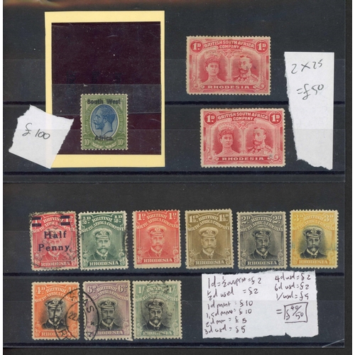 49 - SOUTHERN AFRICA MISCELLANY: Selection inc. Rhodesia 1910-13 double head range to 1/- plus 7/6d & 10/... 