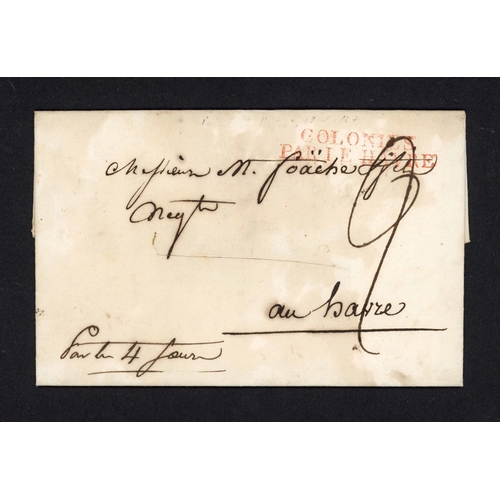 90 - FRENCH COLONIES - GUADELOUPE & MARTINIQUE: 1825-38 quartet of ELs slit and vinegar disinfection appl... 